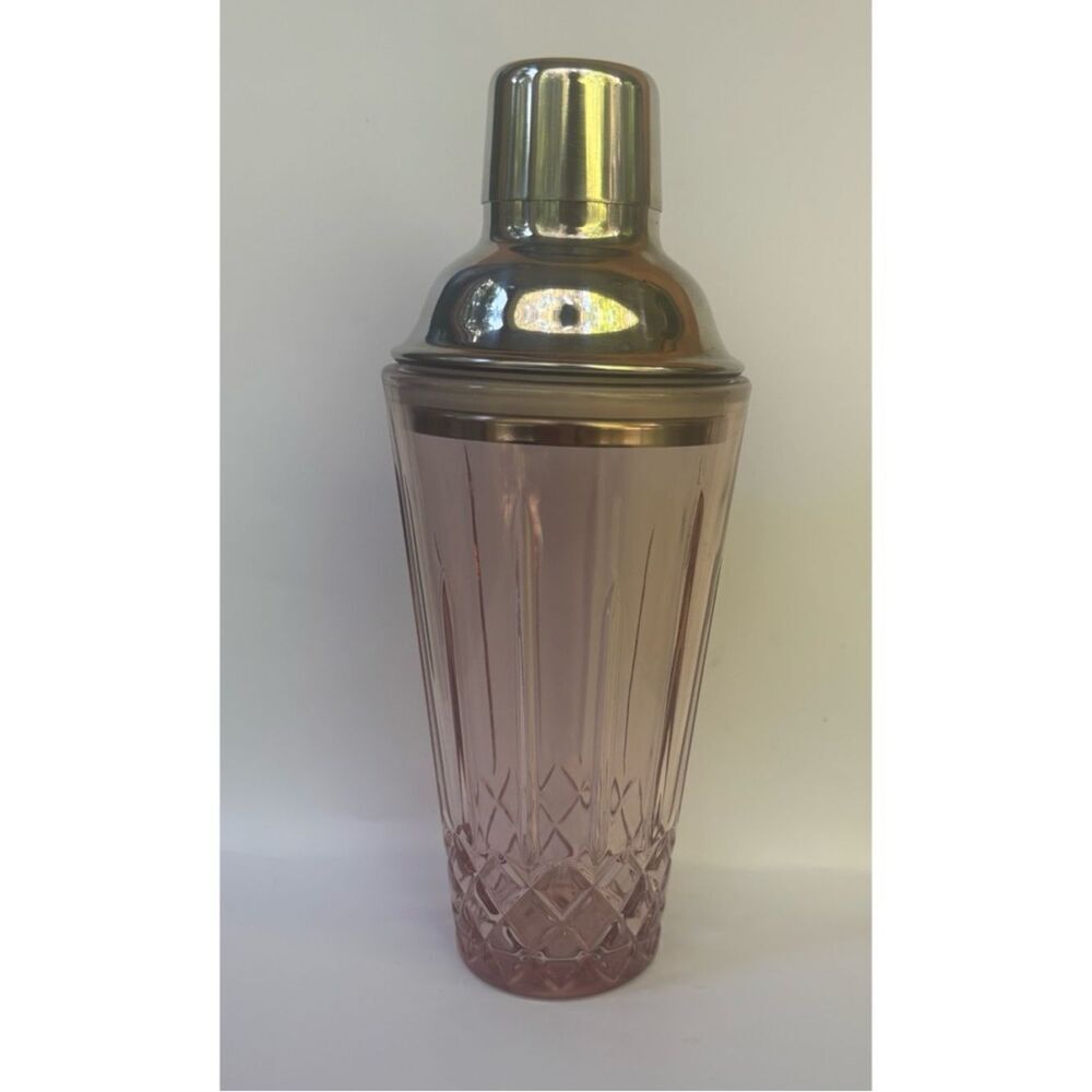 Vintage Pottery Barn Pink Cut-Glass Cocktail Shaker with Silver Lid